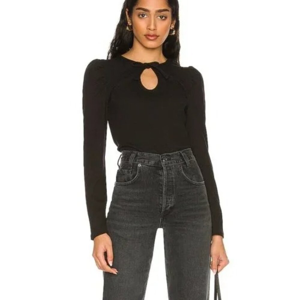 NEW 1. STATE Tie Neck Ribbed Top in Rich Black Long Sleeve Shirt Large L